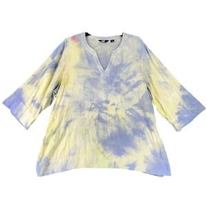Lands End Tie Dye Linen Viscose Tunic Top Blue Yellow XXL Women Boho Chic